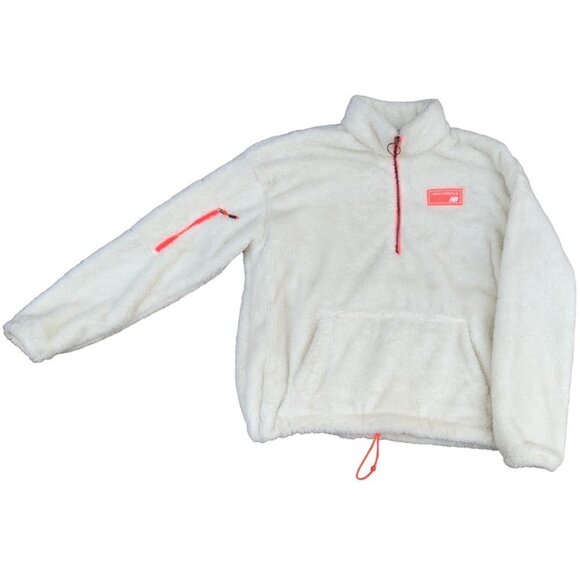 NEW Balance Cream 1/2 Zip Teddy Hoodie Pink accents Kangaroo Pocket Large - Picture 4 of 8